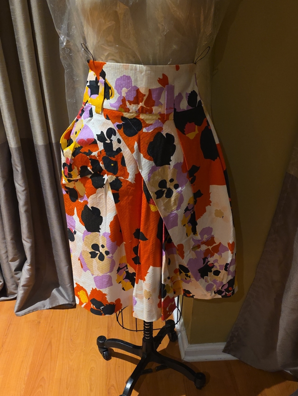Sonia Rykiel Floral A-Line Midi Skirt in Orange, Black & Purple Sz 36
